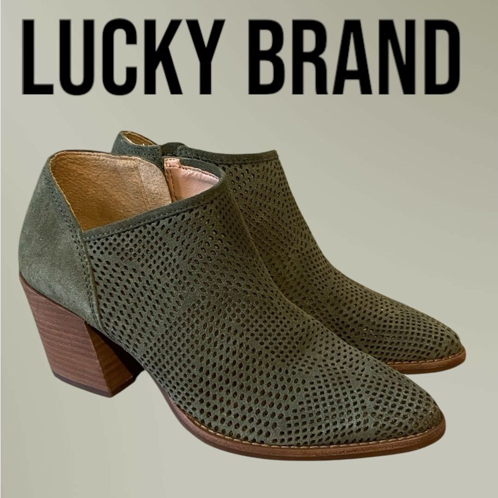 Lucky Brand Zeshia green Suede Booties Pointed Toe Block Heel NWOB size 6